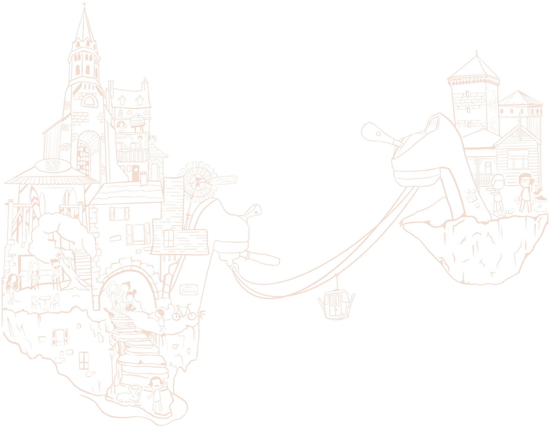 Dessin représentant Haven et ses habitués dans la ville d'Annecy.