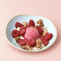 Riz au lait de coco, crumble coco, boule de sorbet framboise et framboises fraiches. 